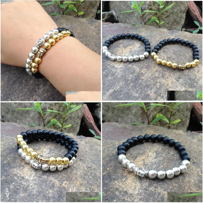 SN0379 Gold Silver beads bracelet Gold Buddha Head matte black onyx stone bracelets metal beads yoga jewelry