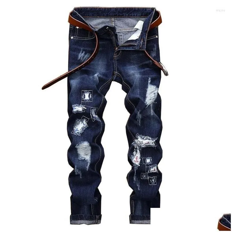 mens jeans el barco fashion ripped holes cotton denim men hip hop scratched slim blue male pants soft streetwear black trousers