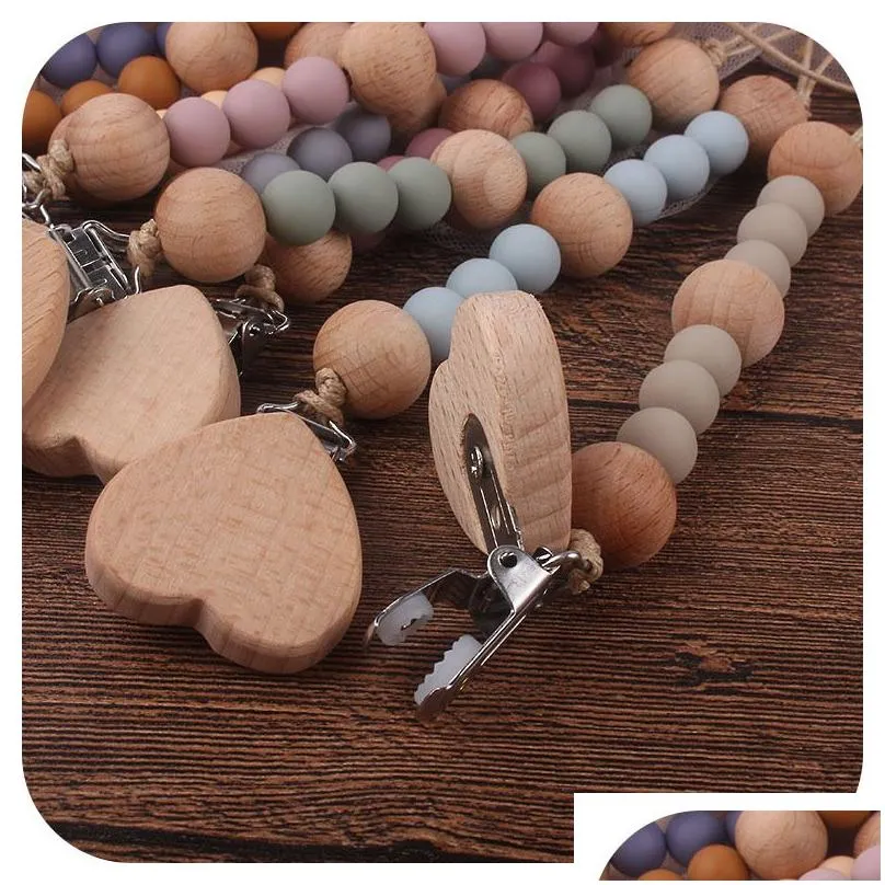 Bibs and Burp Cloths Safety Wooden Teether Baby Infant Toddler Dummy Pacifier Silicone Soother Nipple Clip Chain Holder Strap Baby Chew Toy