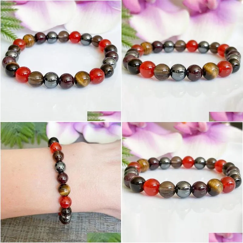 MG1540 Strand Carnelian Tigers Eye Smoky Quartz Hematite Garnet Gemstone Bracelet Healing Crystals Beaded Yoga Mala Root Chakra