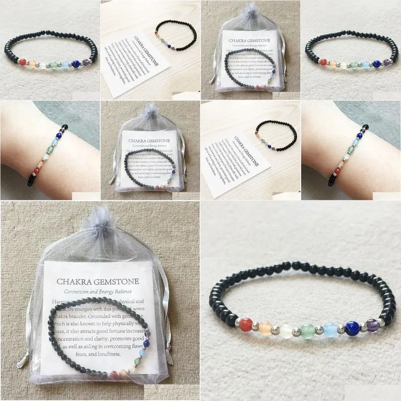 MG0071 Wholesale 7 Chakra 4 mm Mini Gemstone Bracelet Women`s Black Tourmaline Bracelet Yoga Mala Energy Balance Jewelry
