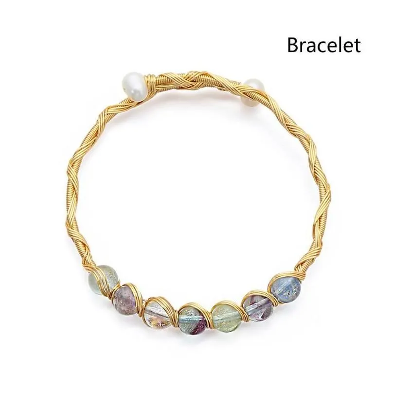 Earrings & Necklace Jewelry Metal Wire Wrap Gold Plated Bangle Crystal Stone Bead Cuff Tourmaline Ring Fluorite Bracelet For
