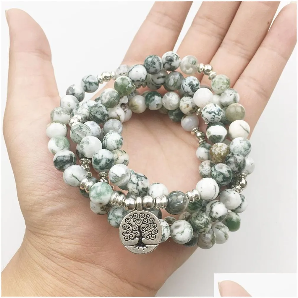 SN1169 Hot Sale 108 Mala Bracelet Tree Pattern Agate Yoga Necklace Best Meditation Spiritual Gift for Her