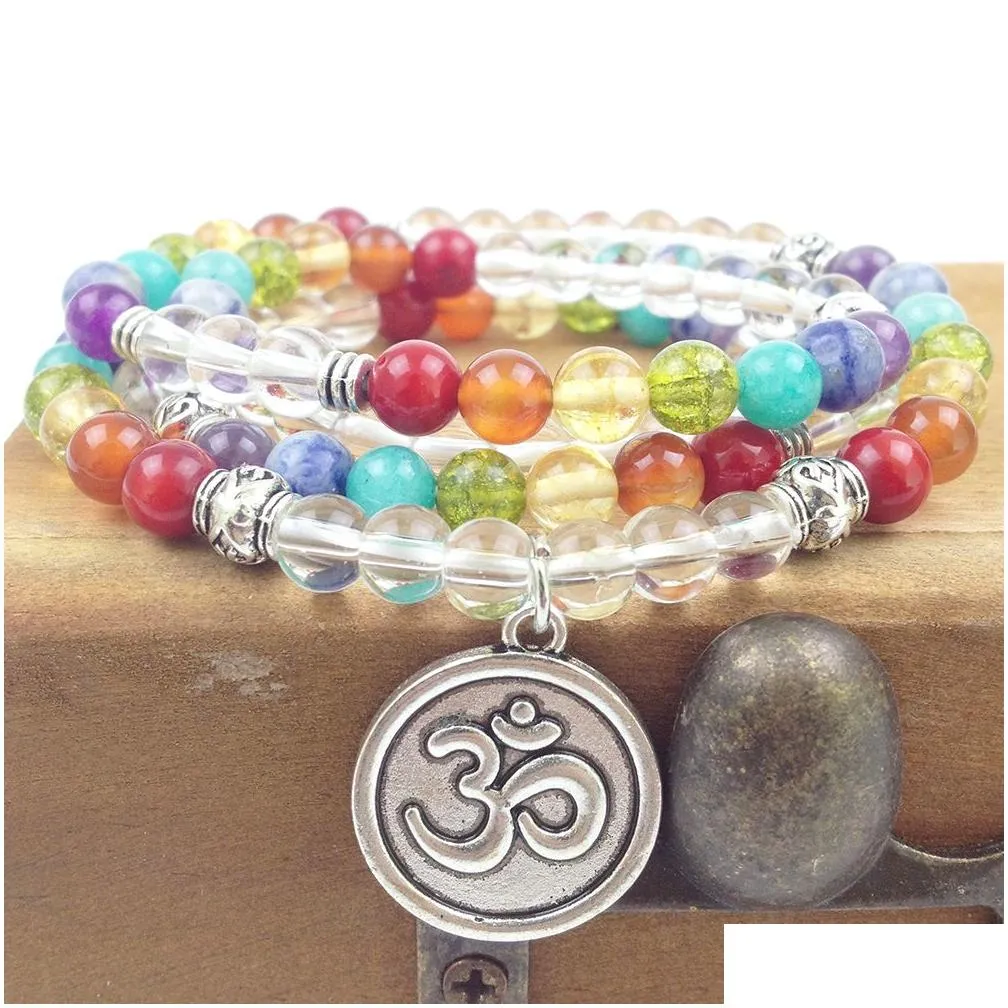 SN0188 Designer 2016 Rainbow Mala Beads Bracelet Trendy Yoga Wrap Bracelet 6mm Crystal Chakra OM Charm Necklaces Free Shipping