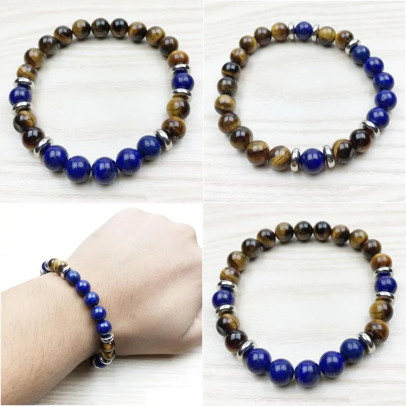 SN1006 Top Design Men Wrist Mala Healing Jewelry Yoga Yellow Tiger Eye Lapis Lazuli Bracelet Free Shipping