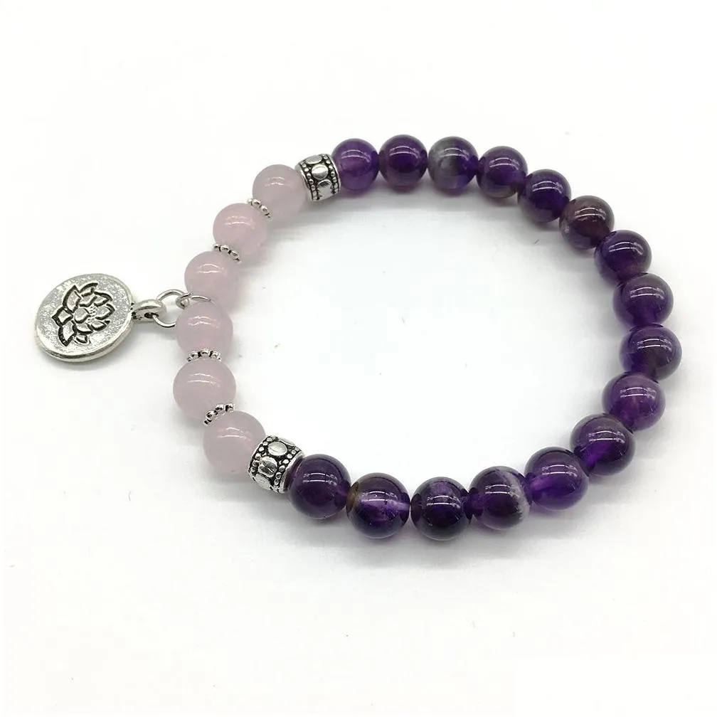 SN1188 Fashion Women`s Yoga Bracelet Purple Rose Quarz Lotus Charm Bracelet Girl`s Wedding Bracelet Free Shipping