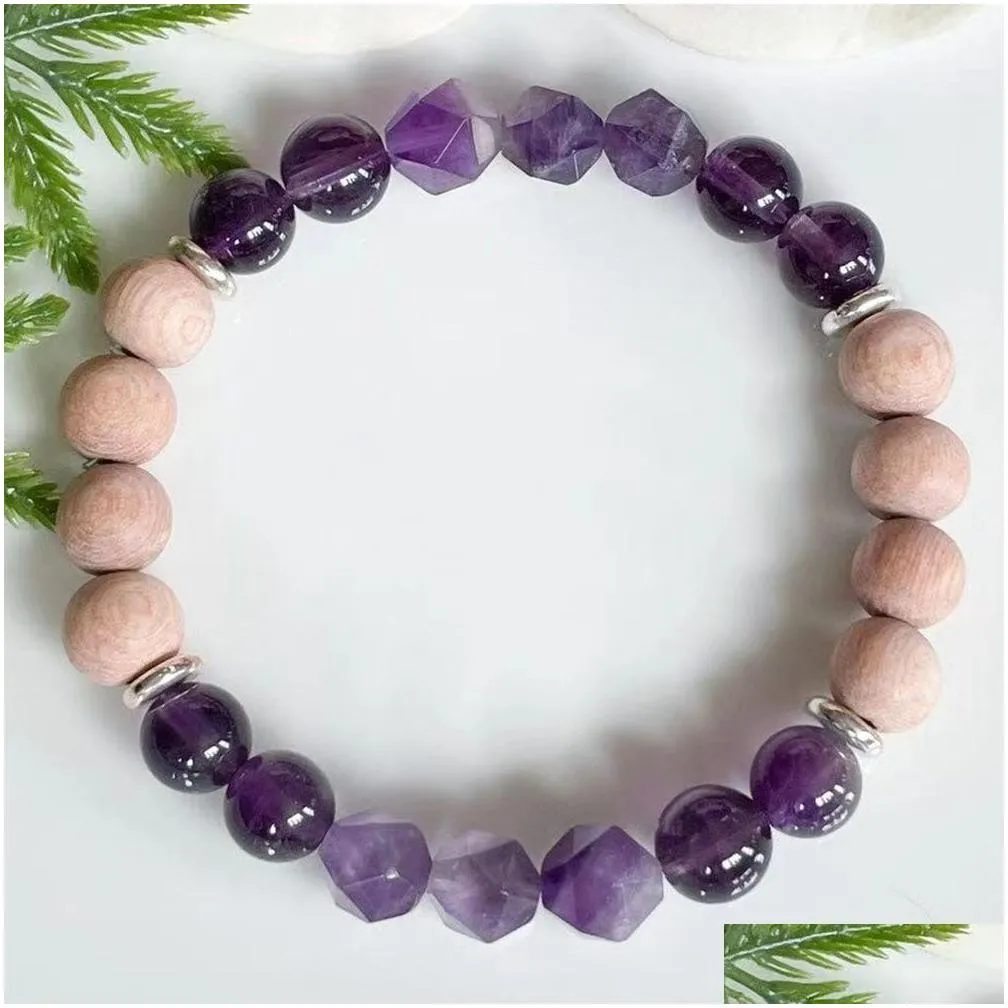 MG1576 Strand Womens Amethyst Rosewood Beaded Bracelet Natural Gemstone Bracelet Healing Crystals Wrist Mala for Energy Protection