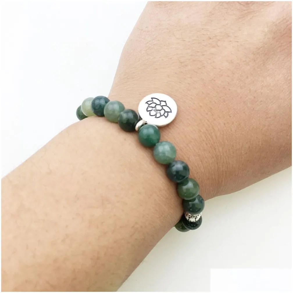 SN1093 New Moss Agate Bracelet Lotus Charm Bracelet Grounding Jewelry Natural Crystal Healing Gemstone Meditation Bracelet