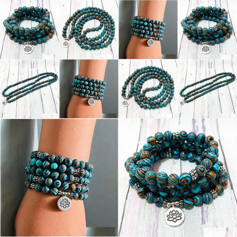 SN1432 Blue Stripe Malachite 108 Mala Bracelet Women`s Lotus Charm Yoga Bracelet Handmade Meditation Buddhist Jewelry