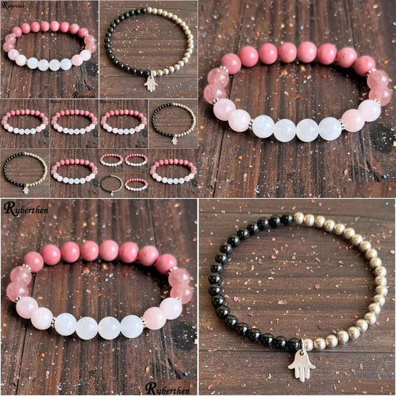 MG1596 Strand 8 MM Natural Moonstone Womens Bracelet Strawberry Quartz with 3A Grade Rhodonite Bracelet Crystals Mixed Jewelry