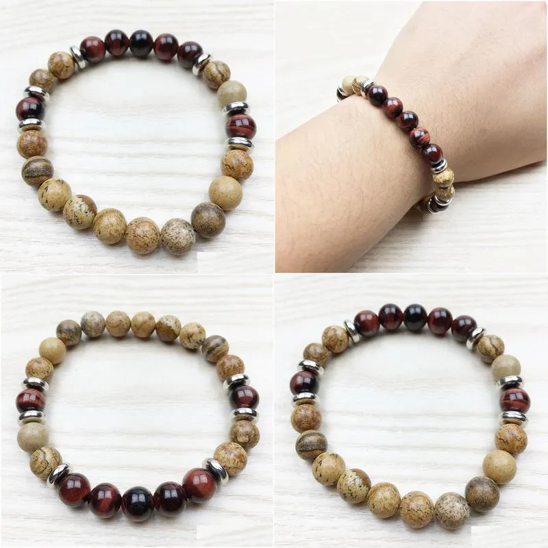 SN1032 Top Design Men`s Bracelet Healing Meditation Bracelet Mala Beads Red Tiger Eye Picture Jasper Bracelet Wholesale