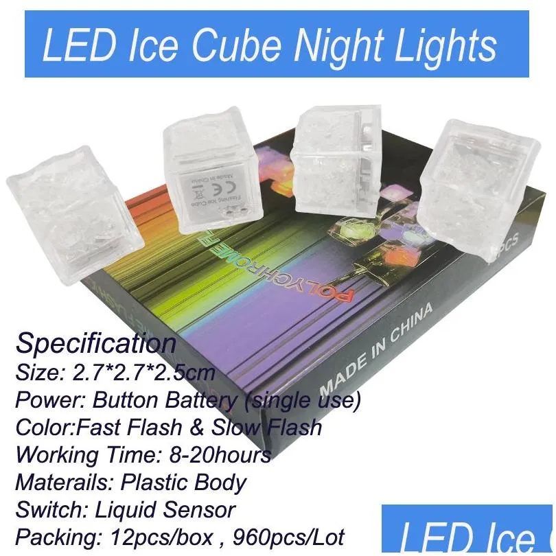 LED Ice Cubes Party Decoration Night Lights Slow Fast Flashing 7 Color Changing Lamp Crystal Cube Valentine`s Day Wedding Holiday Xmas Gift Romantic Liquid