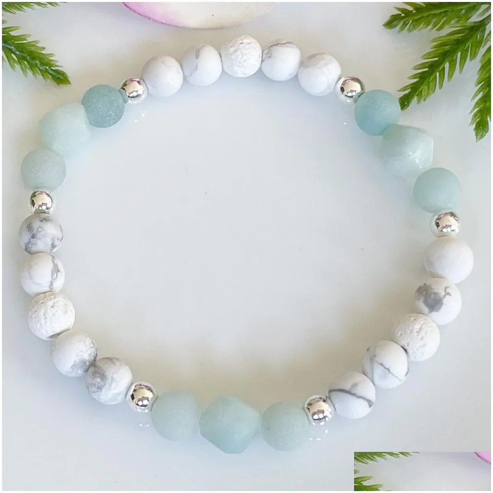 MG1510 Strand Amazonite and Howlite Gemstone Bracelet Womens Essential Oil Diffuser Bracelet Healing Crystals for Anxiety Calming