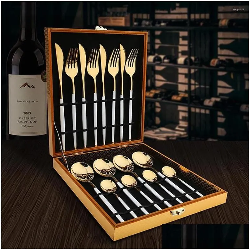 Dinnerware Sets 16/24pcs Golden Set Stainless Steel Metal Tableware Knife Fork Spoon Western Home Kitchen Cutlery Gift Box