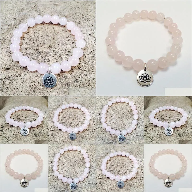 MG0847 Fashion Yoga Bracelet For Women Natural Rose Quartz Beaded Bracelet Lotus Charm Bracelet Natural Crystal Mala Jewelry