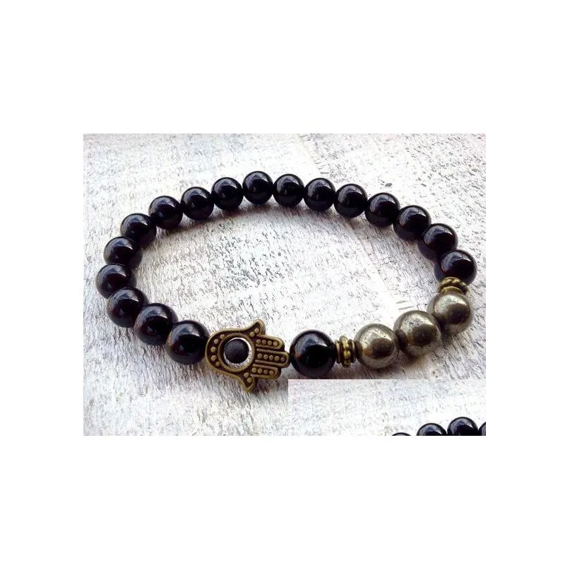 SN0591 New Design Pyrite Hamsa bracelet Fatima Hand bracelet For Men Onyx and Pyrite bracelet Hamsa Jewelry