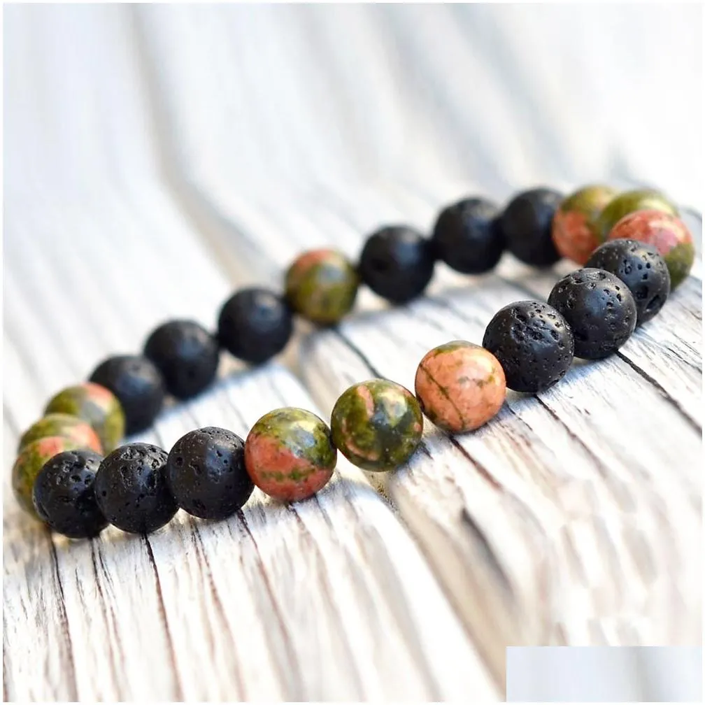 MG0750 8 mm Unakite Jasper Bracelet Natural Rock Lava Spiritual Yoga Prayer Stretch Bracelet Womens Yoga Tibetan Jewelry