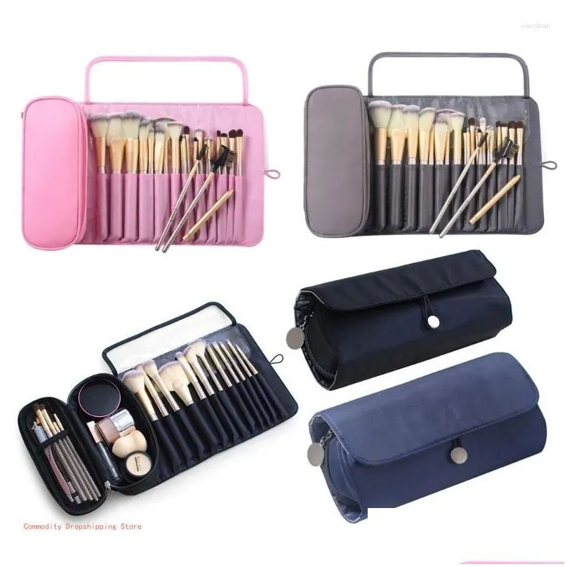 Storage Boxes Travel Makeup Bag For Women With 12 Brush Holders Beauty Bags