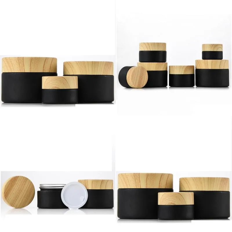 wholesale black frosted glass jars cosmetic jars with woodgrain plastic lids pp liner 5g 10g 15g 20g 30 50g lip balm cream