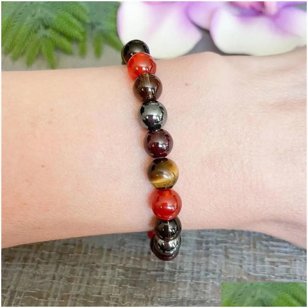 MG1540 Strand Carnelian Tigers Eye Smoky Quartz Hematite Garnet Gemstone Bracelet Healing Crystals Beaded Yoga Mala Root Chakra