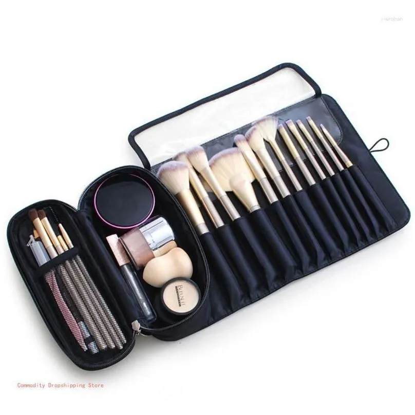 Storage Boxes Travel Makeup Bag For Women With 12 Brush Holders Beauty Bags