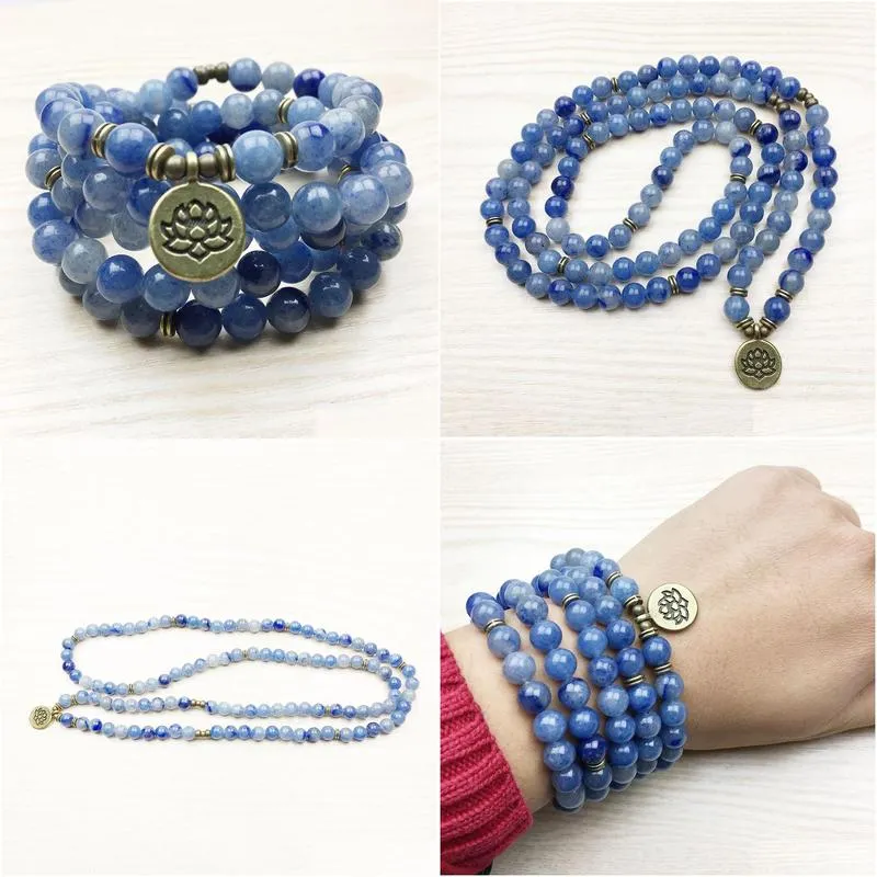 SN1165 High Quality Design Women`s Mala Beads Bracelet Trendy Yogi Necklace Lotus Blue Aventurine Quartz Bracelet Free Shipping