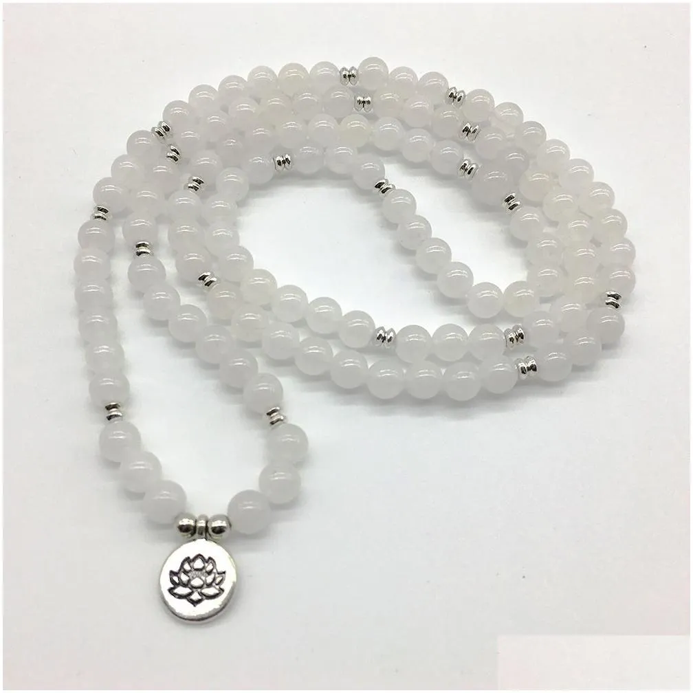 SN1202 Vintage 4 Wrap Women`s Yoga Bracelet 108 Mala Balance Necklace Natural White Jade Lotus Charm Bracelet