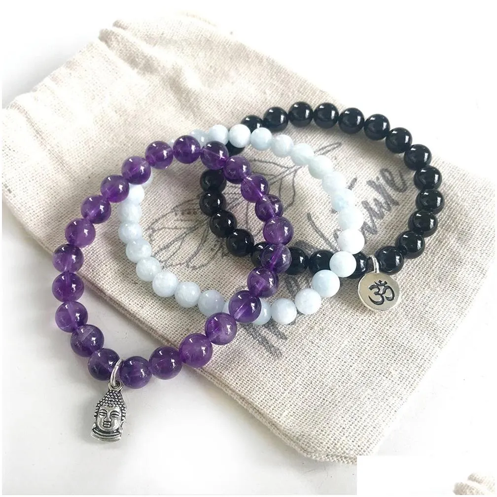 MG0854 New Deisgn Natural Aquamarine Braceelt Top Grade Black Tourmaline Om Bracelet Trendy Amethyst Buddha Charm Bracelet