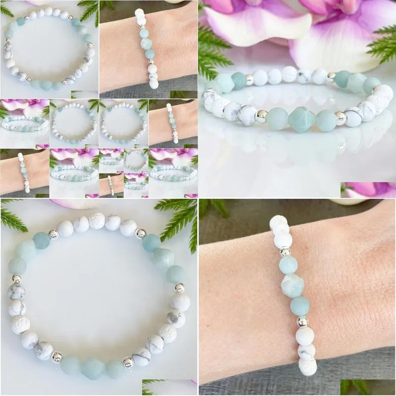 MG1510 Strand Amazonite and Howlite Gemstone Bracelet Womens Essential Oil Diffuser Bracelet Healing Crystals for Anxiety Calming