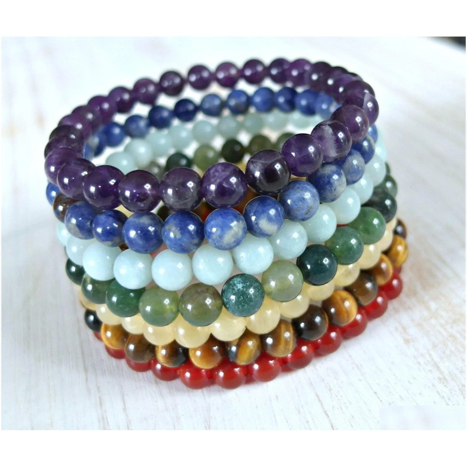 SN1141 High Quality 6 mm Gemstome Chakra Mala Bracelet Moss Agate Amethyst Lapis Lazuli Tiger Eye Bracelet Trendy Bracelet Set