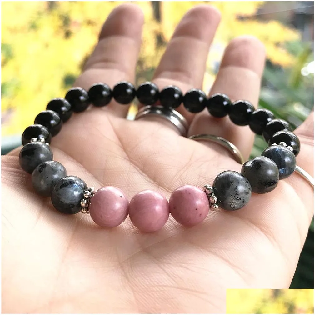 MG0925 New Design Rhodonite Women`s Bracelet Gray Larvikite Energy Bracelet Black Tourmaline Meditation Yoga Jewelry