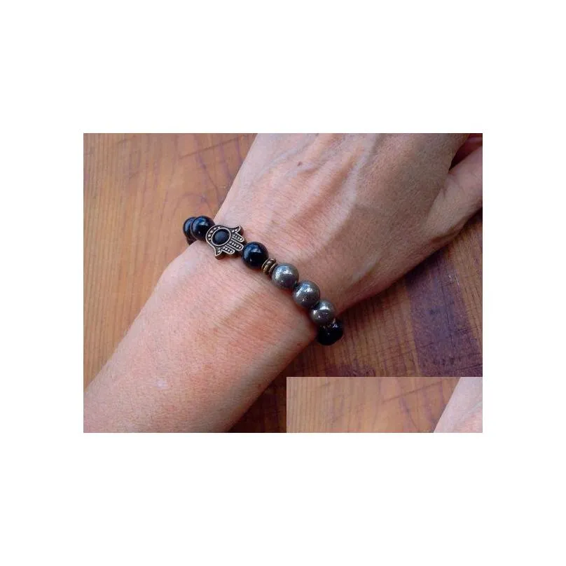 SN0591 New Design Pyrite Hamsa bracelet Fatima Hand bracelet For Men Onyx and Pyrite bracelet Hamsa Jewelry