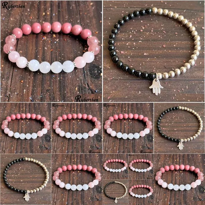 MG1596 Strand 8 MM Natural Moonstone Womens Bracelet Strawberry Quartz with 3A Grade Rhodonite Bracelet Crystals Mixed Jewelry