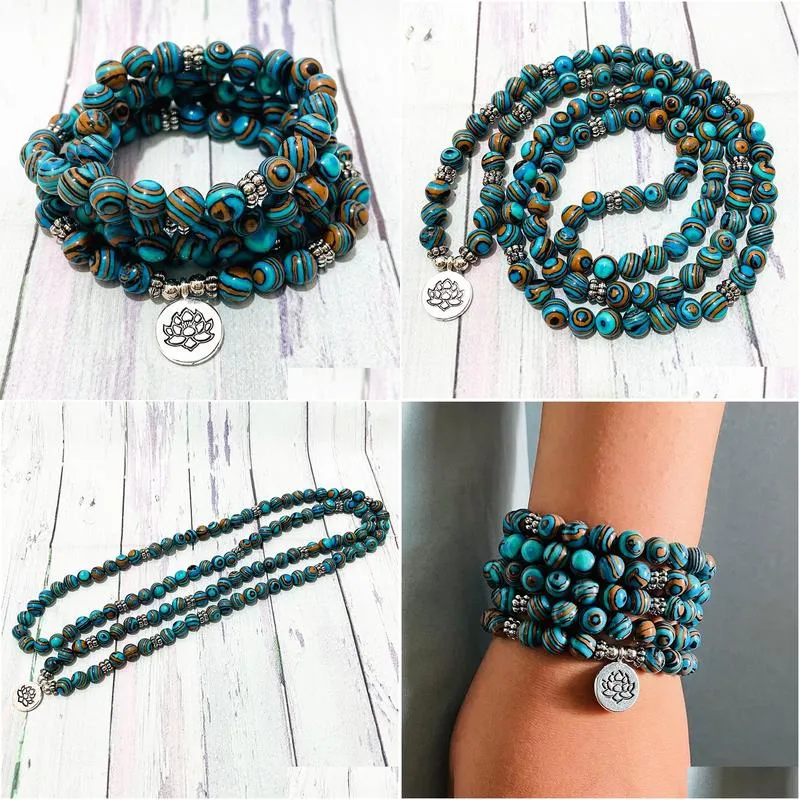 SN1432 Blue Stripe Malachite 108 Mala Bracelet Women`s Lotus Charm Yoga Bracelet Handmade Meditation Buddhist Jewelry