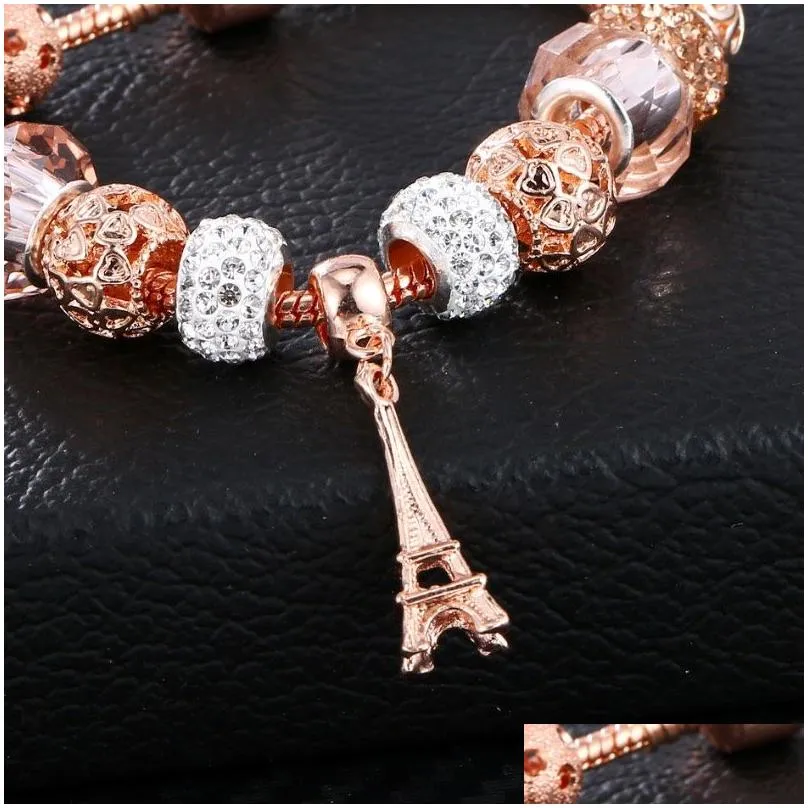 Rose Gold Crystal Glass Perforated Bead Tower Bracelets Fashion Brand Charm Bracelet Women Jewelry Wholesale