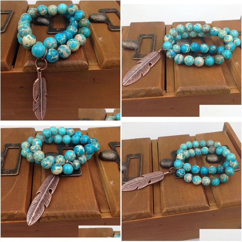 ST0188 10mm stretch Real Blue Regalite bracelet set with Copper Feather Charms imperial jasper beads bracelet