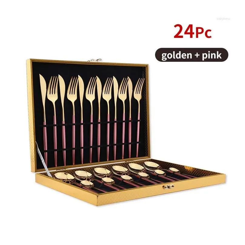 Dinnerware Sets 16/24pcs Golden Set Stainless Steel Metal Tableware Knife Fork Spoon Western Home Kitchen Cutlery Gift Box