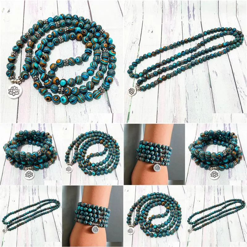 SN1432 Blue Stripe Malachite 108 Mala Bracelet Women`s Lotus Charm Yoga Bracelet Handmade Meditation Buddhist Jewelry