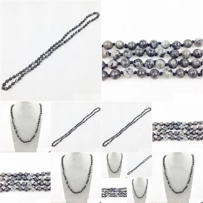 ST0291 Vintage Boho Jewelry Fashion Long Necklace 8mm Black Labradorite knotted necklace 38`` length Women Stone neckalces