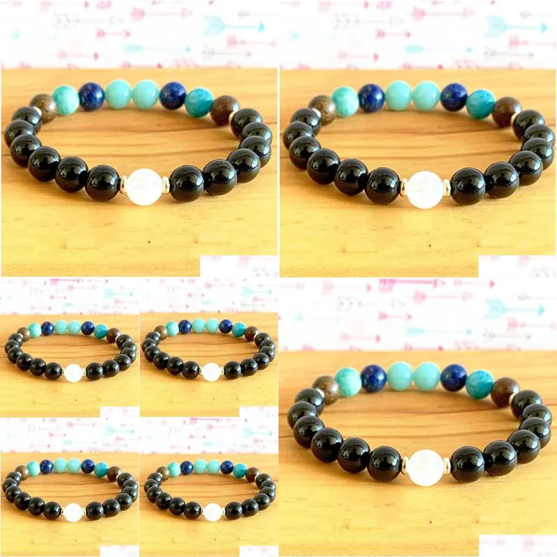 MG1218 Moonstone Amazonite Lapis Lazuli Chakra Mala Bracelet Women`s Gem Stone Energy Power Bracelet Black Onyx Jewelry