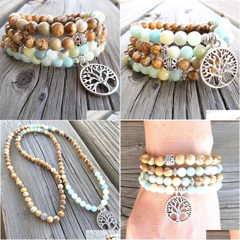 SN1504 108 Amazonite Picture Jasper Mala Beads Bracelet Tree of life Charm Prayer Beads Mala Yoga Jewelry