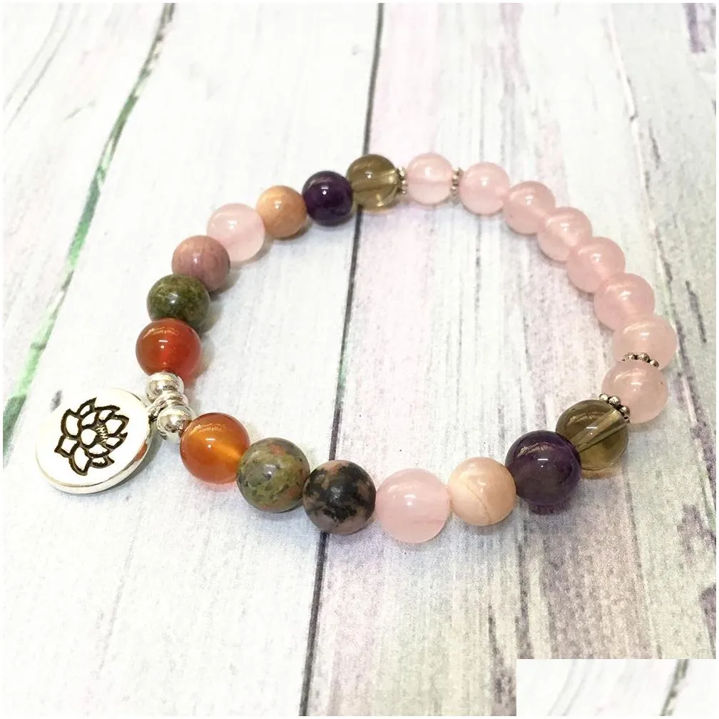 MG0574 Rose Crystal 7 Chakra Bracelet For Women High Quality Natural Gem Stone Bracelet Lotus Charm Balance Yoga Jewelry