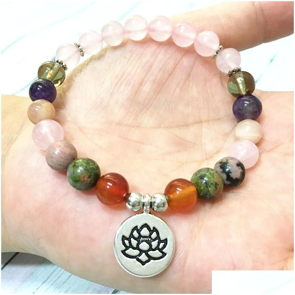 MG0574 Rose Crystal 7 Chakra Bracelet For Women High Quality Natural Gem Stone Bracelet Lotus Charm Balance Yoga Jewelry