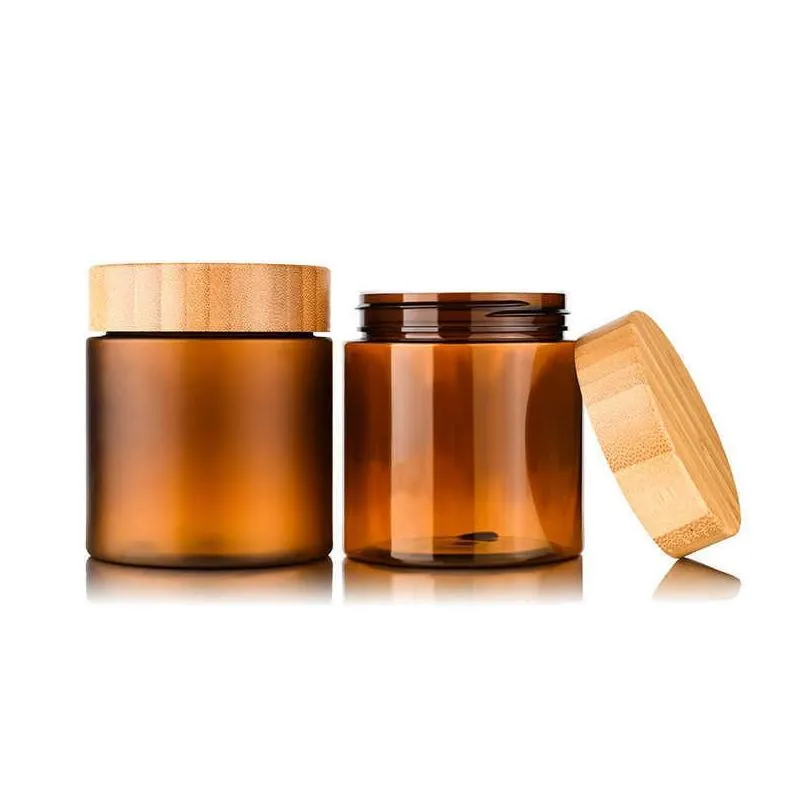 wholesale container cream body butter packaging bottles 150ml 250ml amber pet cosmetic 8oz plastic jar with screw cap bamboo wooden