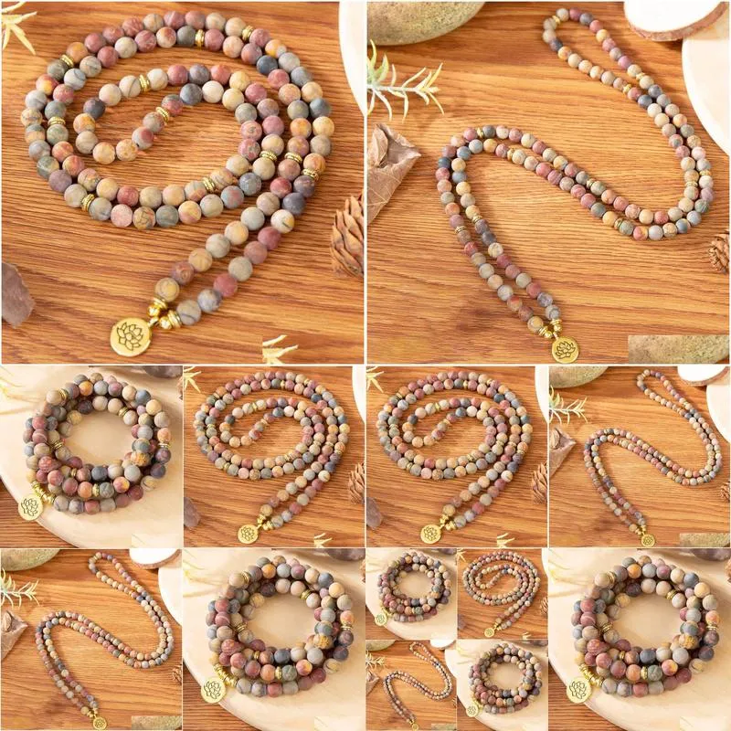 MG1347 Natural Matte Picasso Jasper 108 Mala Bracelet Lotus Charm Yoga 4 Wrap Meditation Spiritual Yoga Jewelry