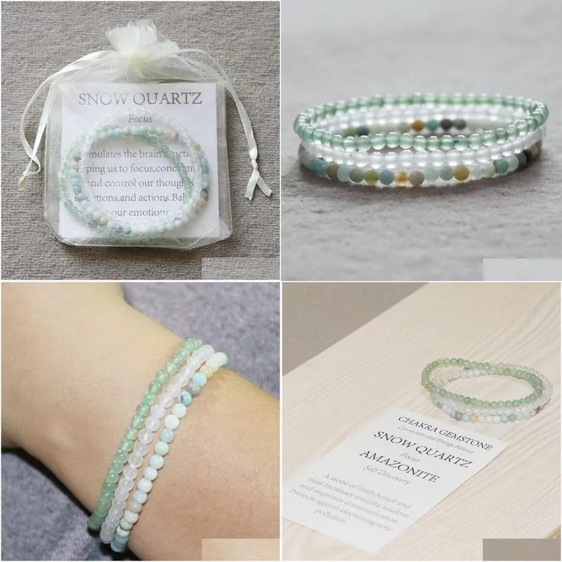 MG0055 4 mm Mini Gemstone Bracelet Set Amazonite Snow Quartz Bracelet On Sale Green Aventurine Women`s Yoga Mala Jewelry