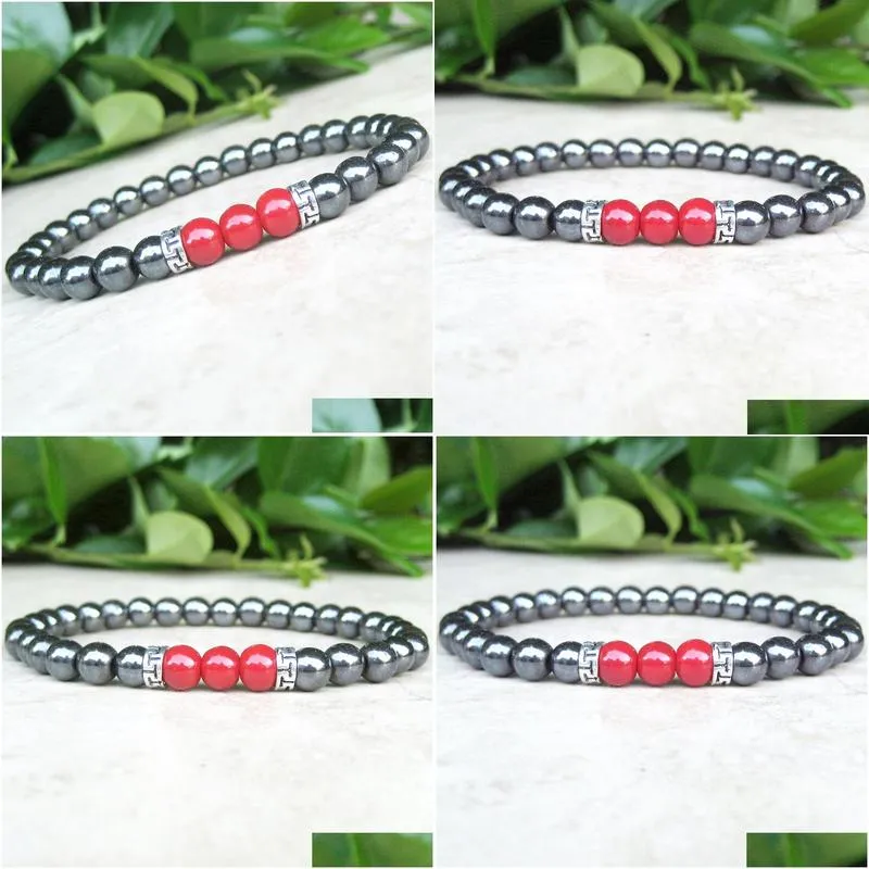 MG0723 6 mm Red Coral Black Hematite Mala Grounding Bracelet New Design Mens Womens Couple Bracelet Balance Harmony Strengt