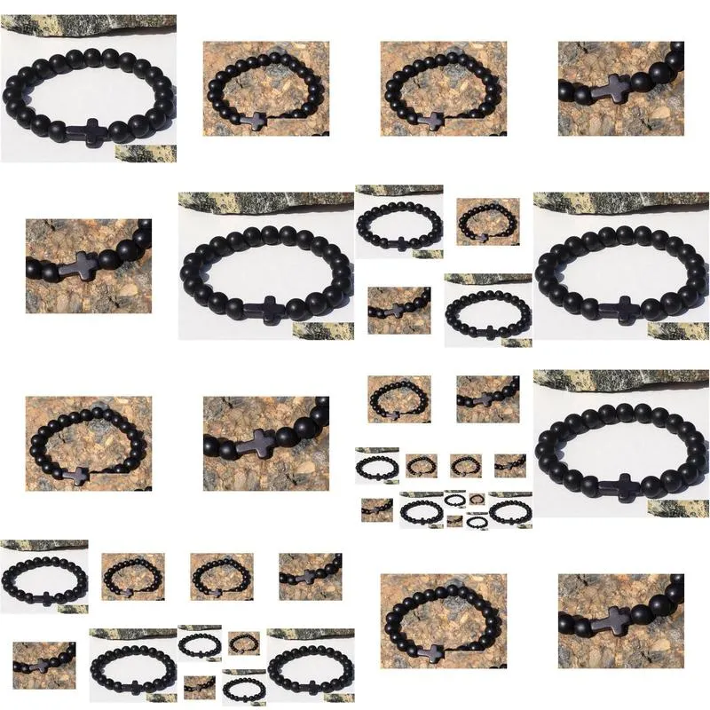 SN0060 Wholesale Hand Work Black Onyx Beaded Bracelets Stone Cross Men Bracelet Wholesale Free Shipping