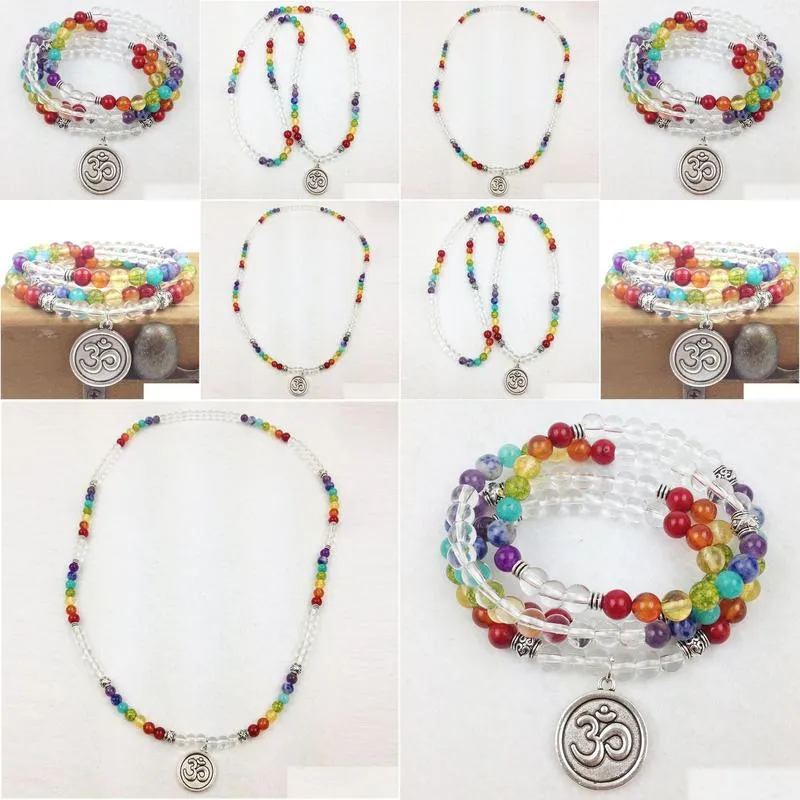 SN0188 Designer 2016 Rainbow Mala Beads Bracelet Trendy Yoga Wrap Bracelet 6mm Crystal Chakra OM Charm Necklaces Free Shipping