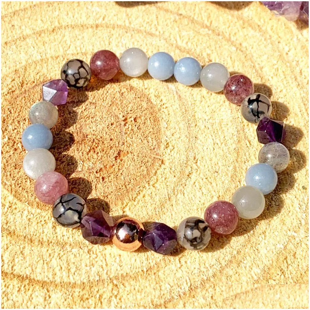 MG1458 Strand Gray Moonstone Bracelet Amethyst Angelite Gemstone Mixed Bracelet Web Agate Lepidolite Beaded Wrist Mala Bracelets